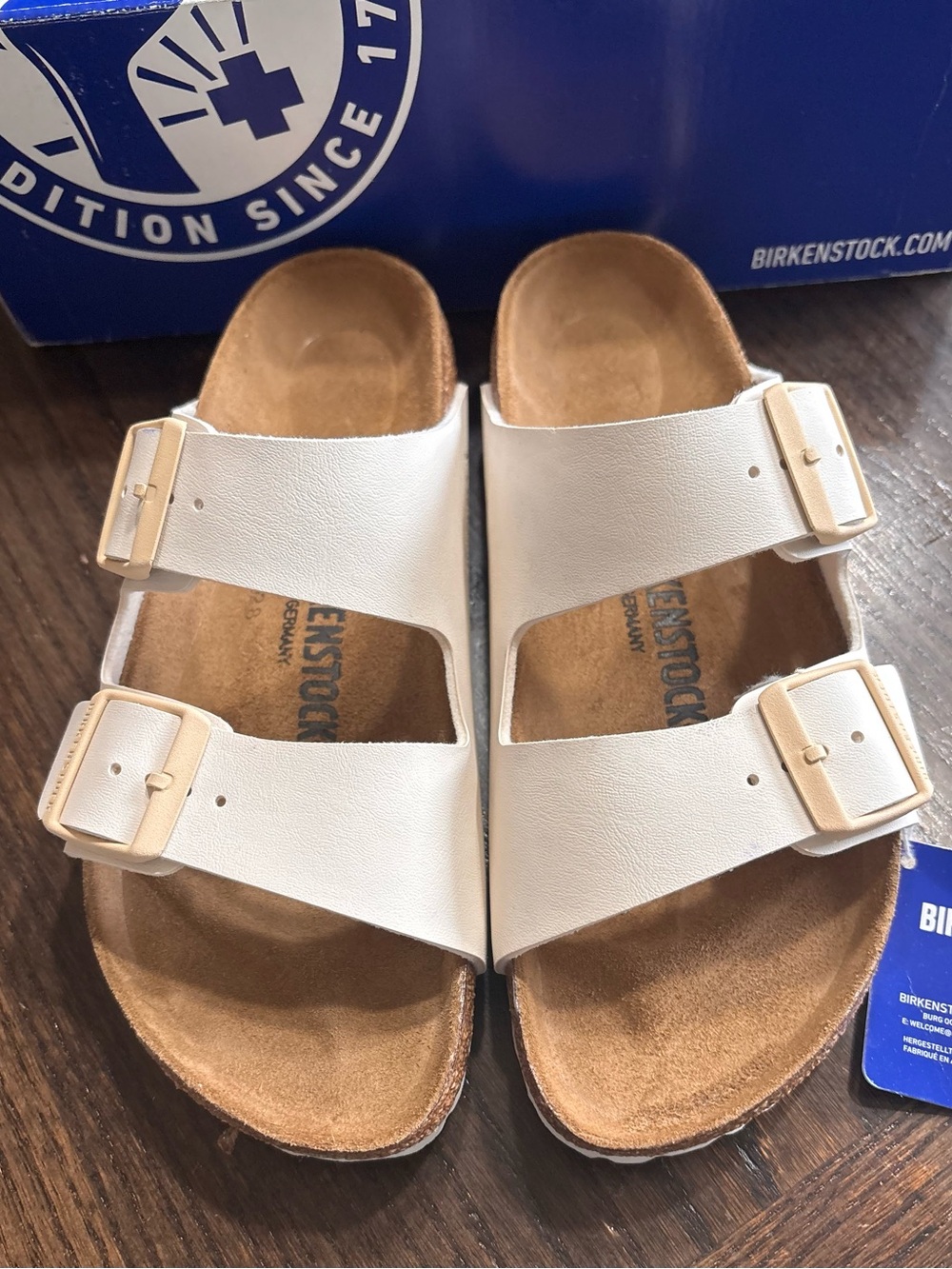 Birkenstock Women’s Cream Two‑Strap Sandals with Tan Footbed